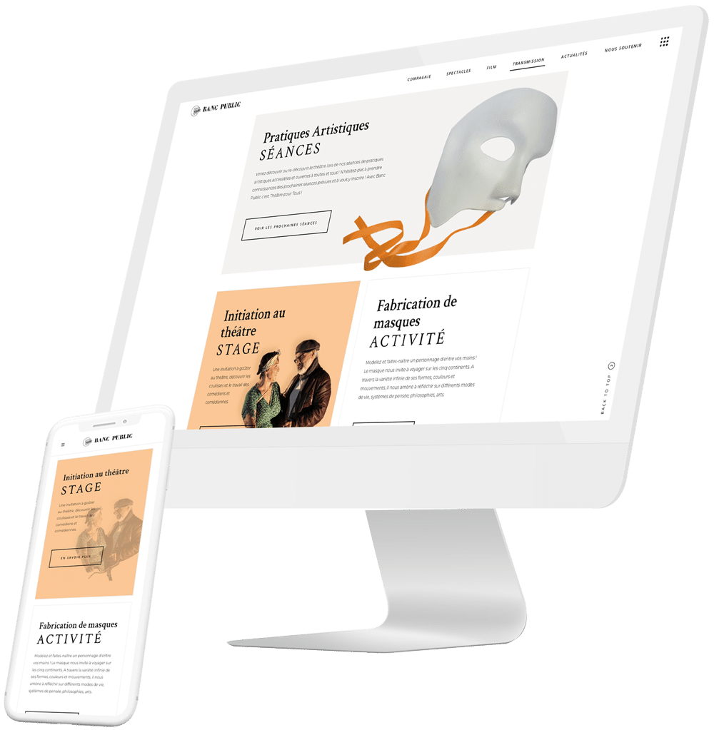 Mockup illustrant le responsive du site avec une page du site Banc Public