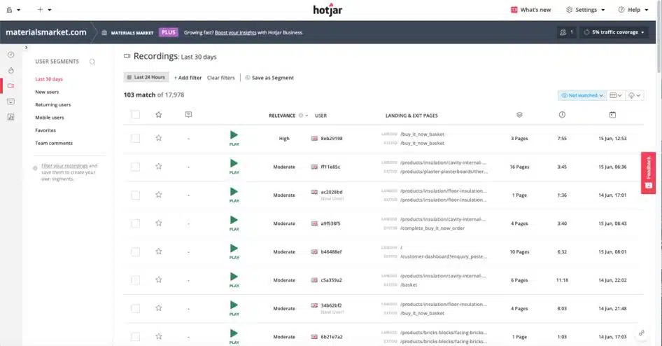 L'algorithme de pertinence de Hotjar met en avant les enregistrements les plus utiles.